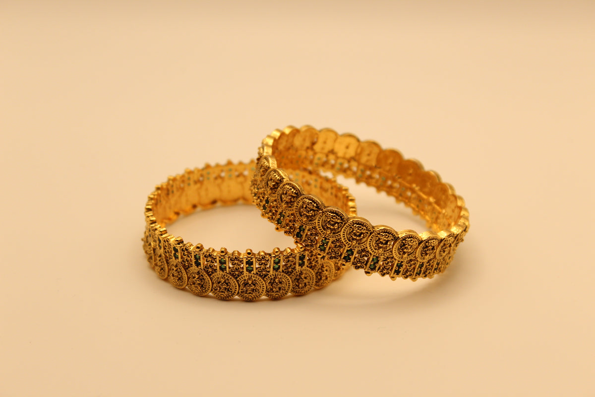 Temple Coin Bangles with Green Beads (Set of 2)