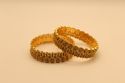 Temple Coin Bangles with Green Beads (Set of 2)