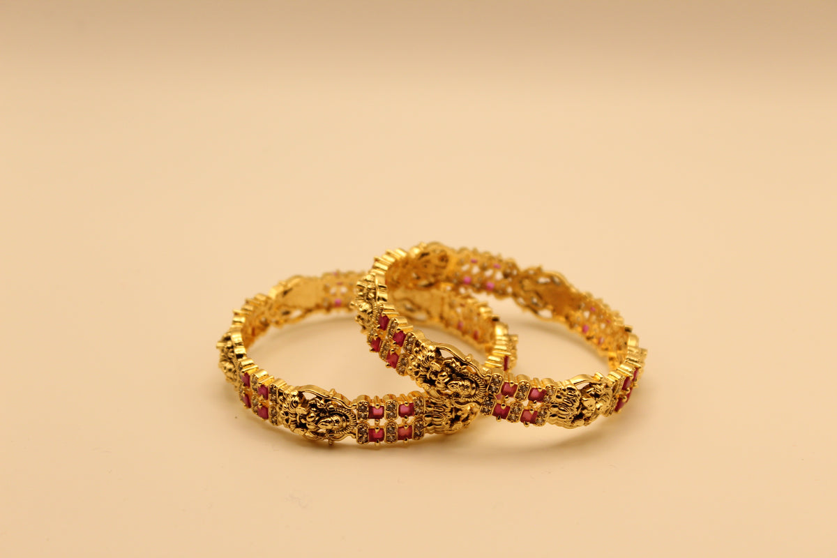 Temple Lakshmi Bangles with White and Ruby Stones (Set of 2)