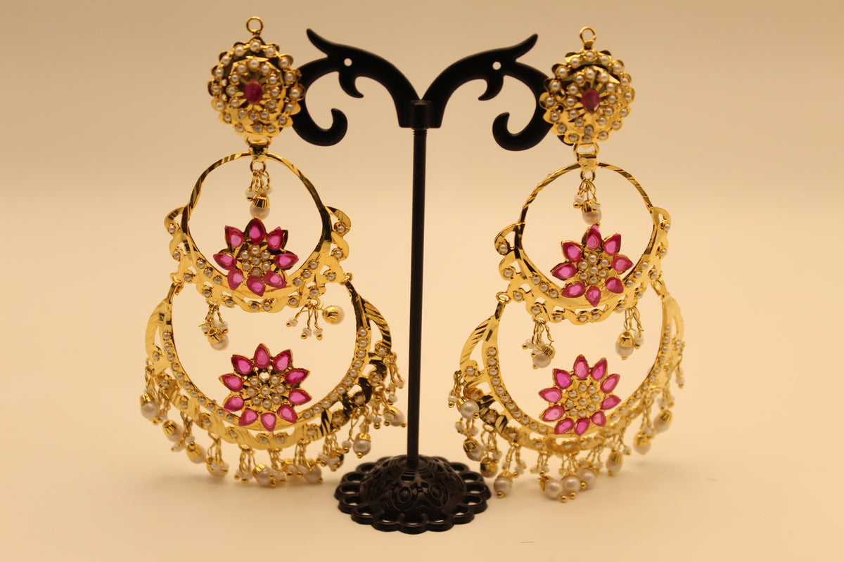 Chandbali Earrings with Pink Lotus Stones