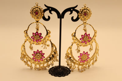Chandbali Earrings with Pink Lotus Stones