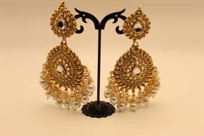 Large Antique Chandbali Earrings with Pearl Fringe