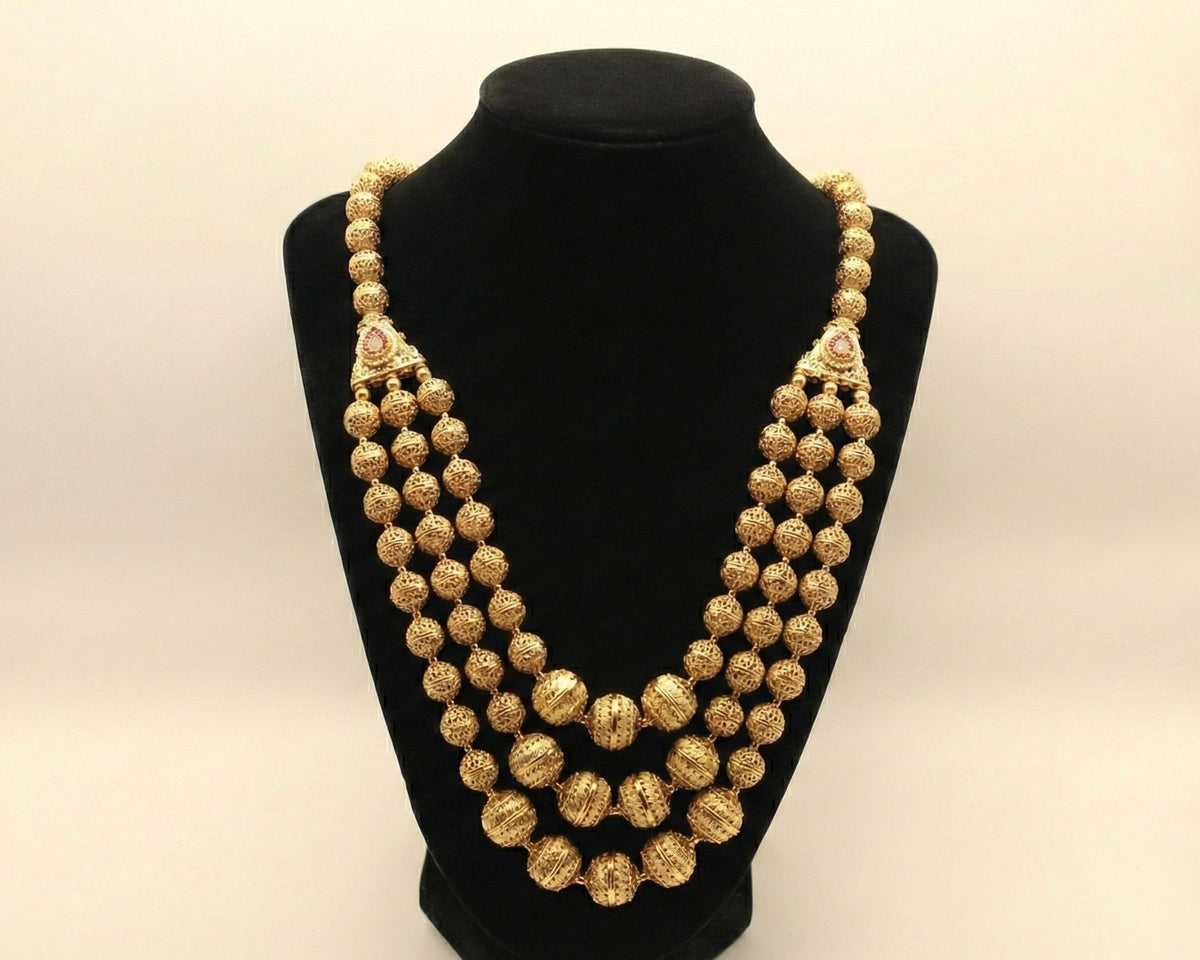Three-Layer Filigree Bead Necklace with Jhumki Accents