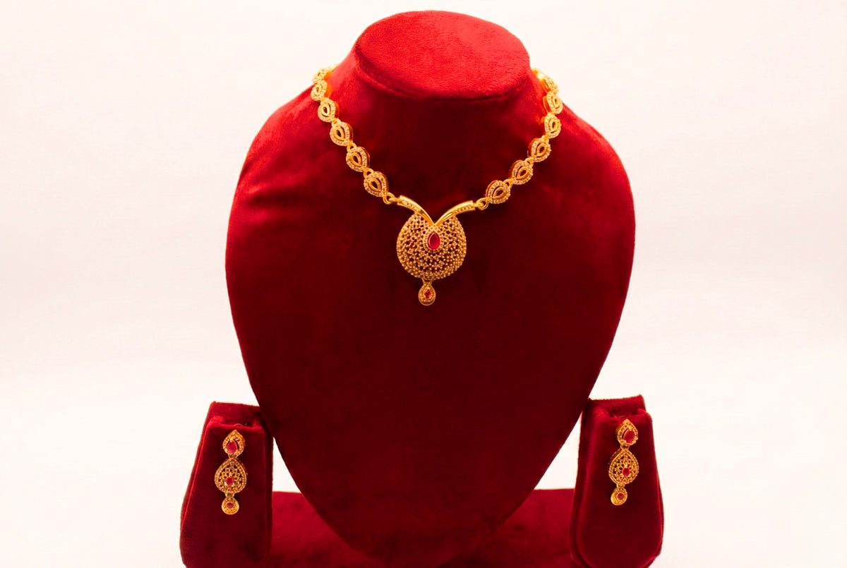 Gold Necklace Set with Ruby Halo Pendant