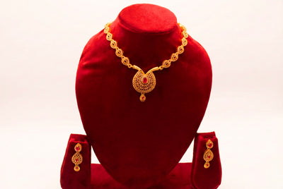 Gold Necklace Set with Ruby Halo Pendant