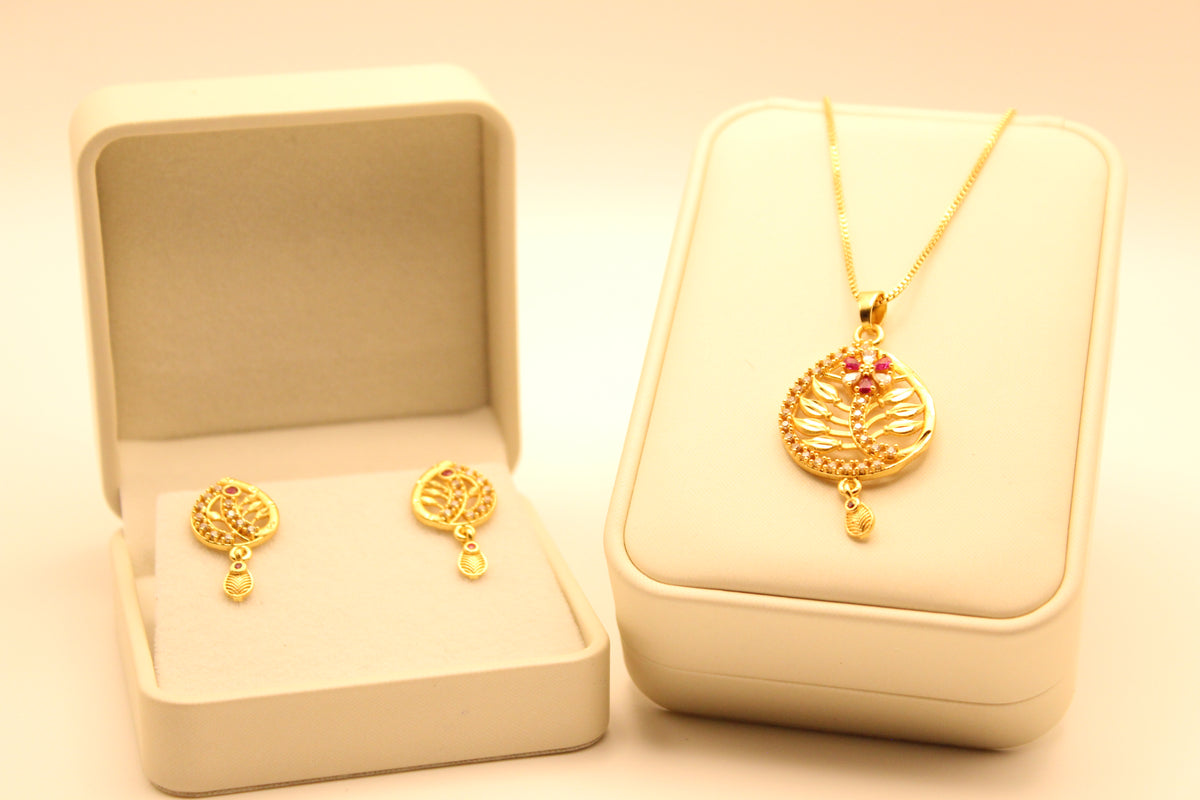 Gold Necklace Set with American Diamond Pendant and Earrings