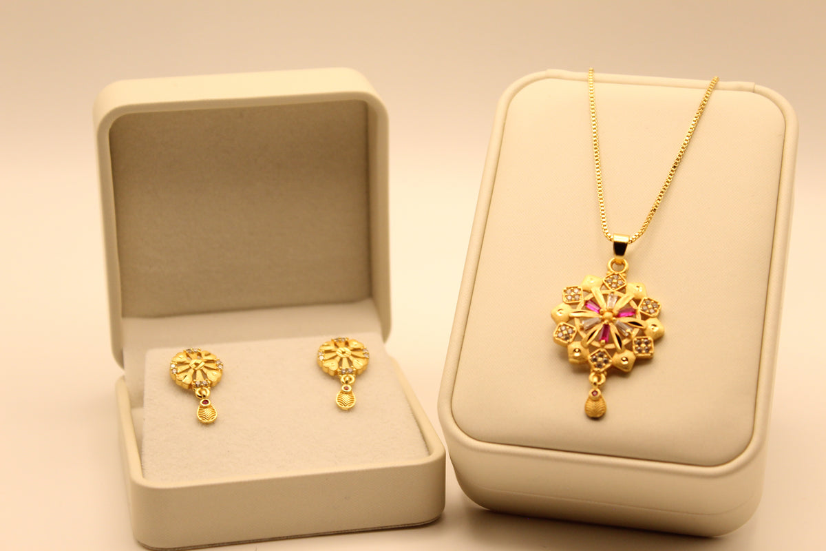Gold Necklace Set with Crystal Pinwheel Pendant