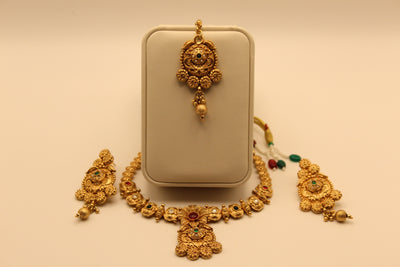 Antique Gold Necklace Set with Red and Green Crystals