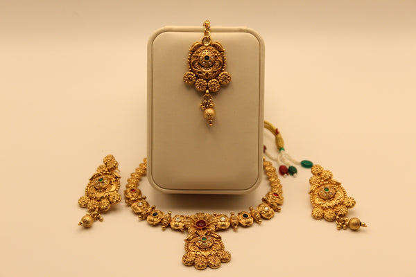 Antique Gold Necklace Set with Red and Green Crystals