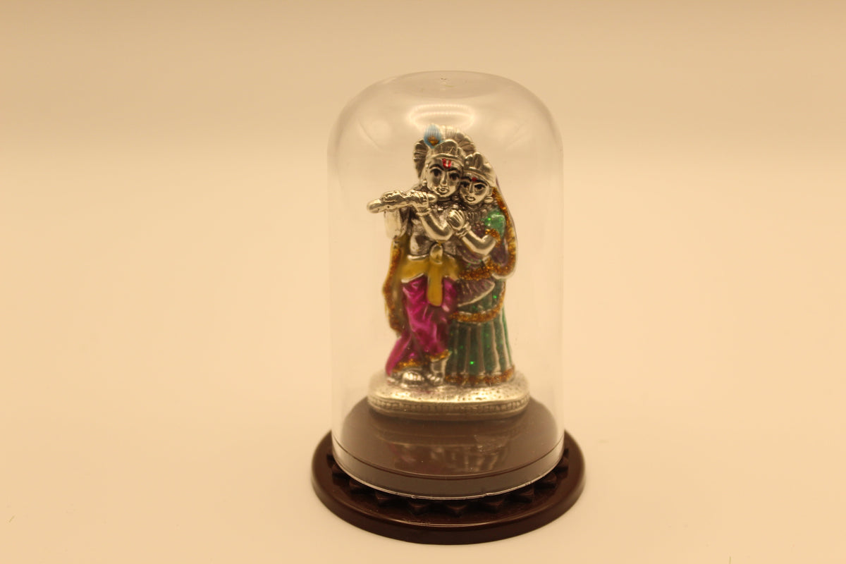 Silver Radha Krishna Idol in Glass Dome