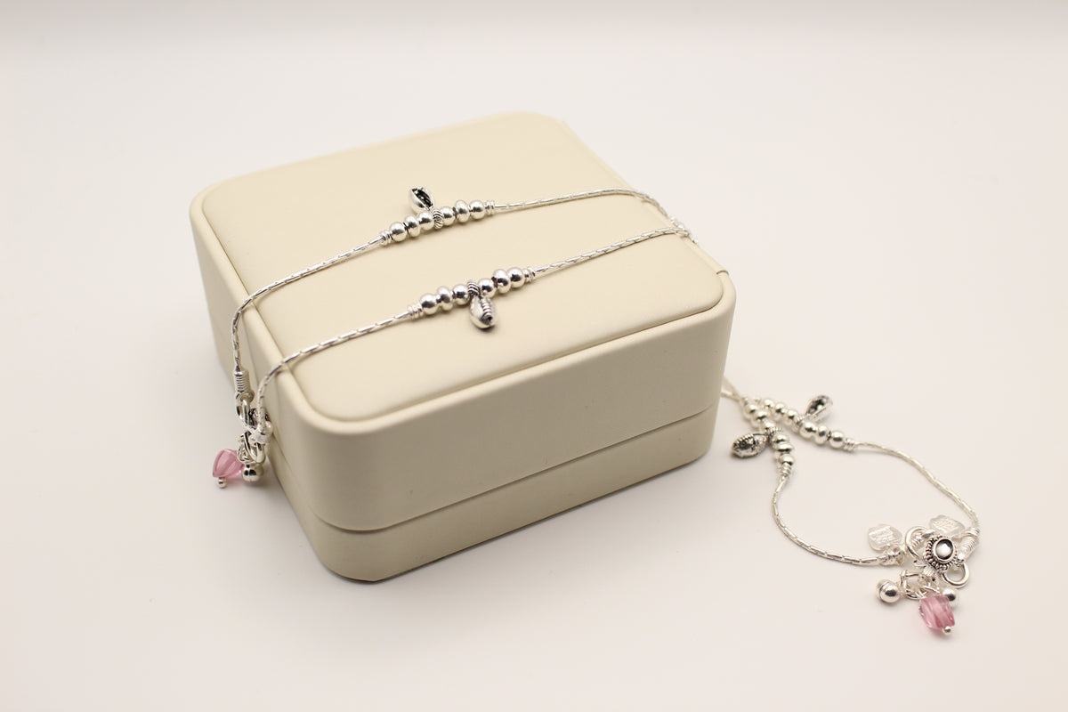 Silver Anklets with Crystal Charm Drops (Pair)