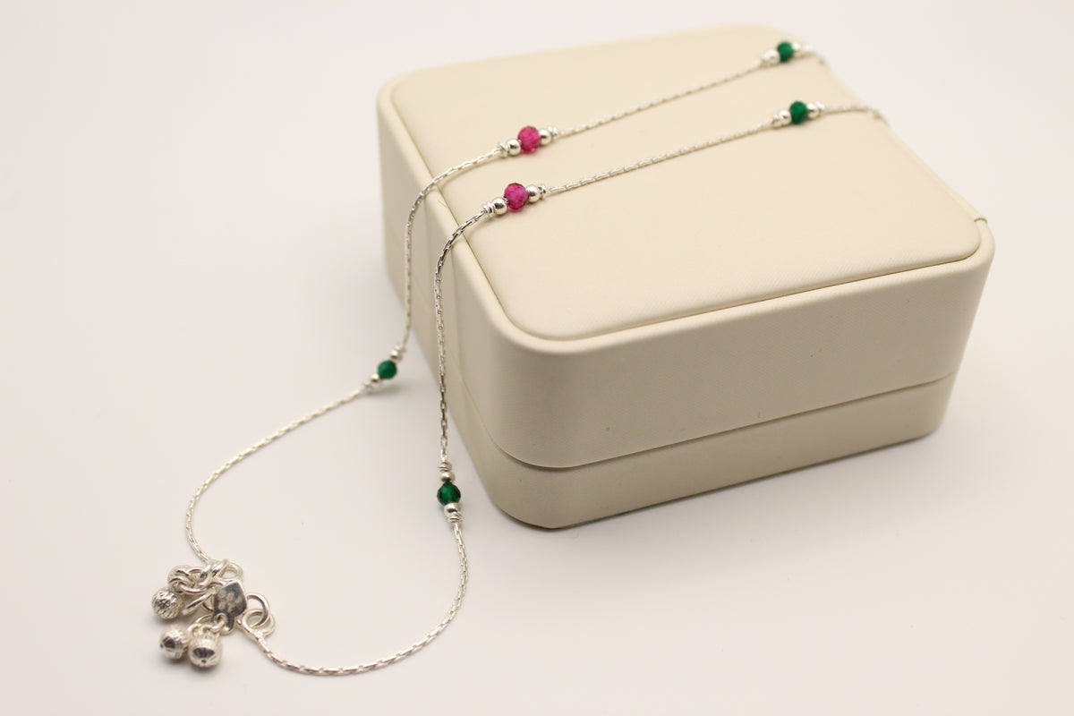 Silver Anklets with Green and Ruby Crystal Beads (Pair)