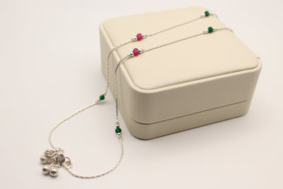 Silver Anklets with Green and Ruby Crystal Beads (Pair)