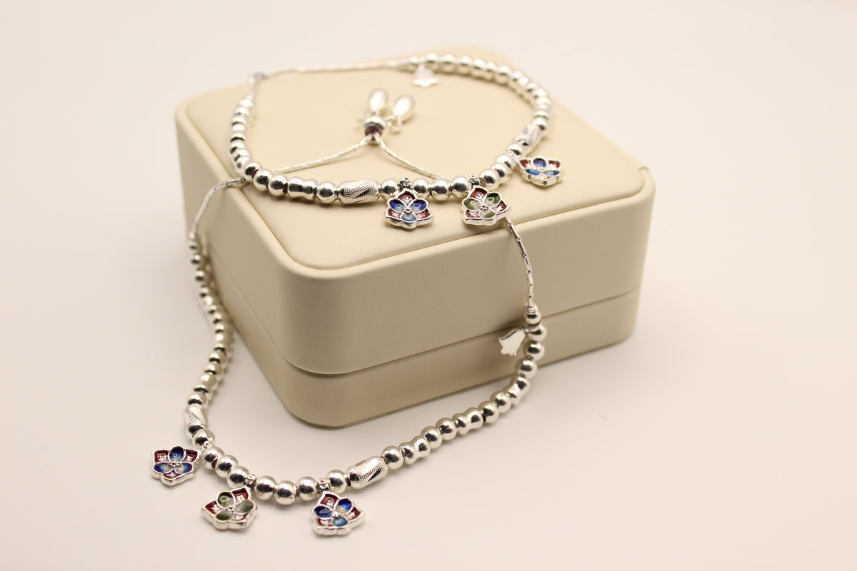 Silver Bead Anklets with Enamel Flower Charms (Pair)
