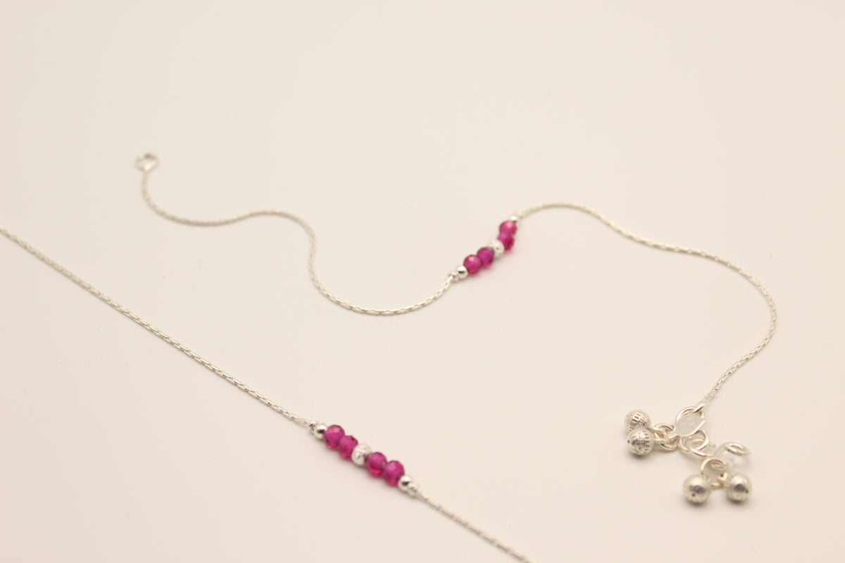 Silver Anklets with Ruby Crystal Bead Trios (Pair)