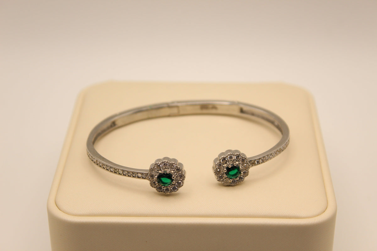 Silver Cuff Bracelet with Emerald-Green Crystal Flowers