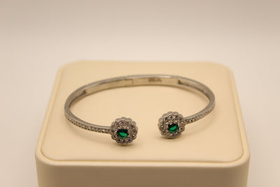 Silver Cuff Bracelet with Emerald-Green Crystal Flowers