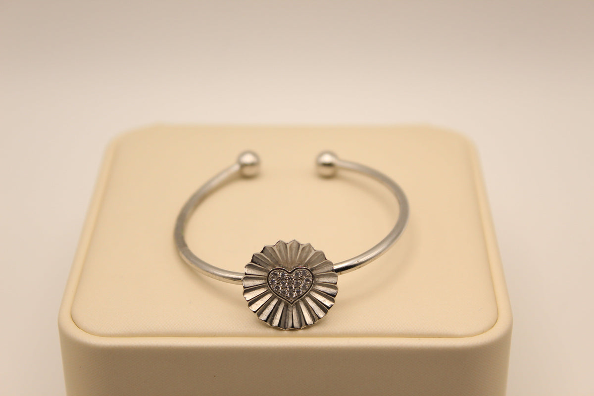 Silver Cuff Bracelet with Crystal Heart Medallion