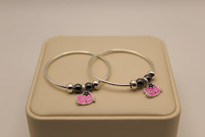 Silver Baby Bangles with Kitty Charms (Pair)